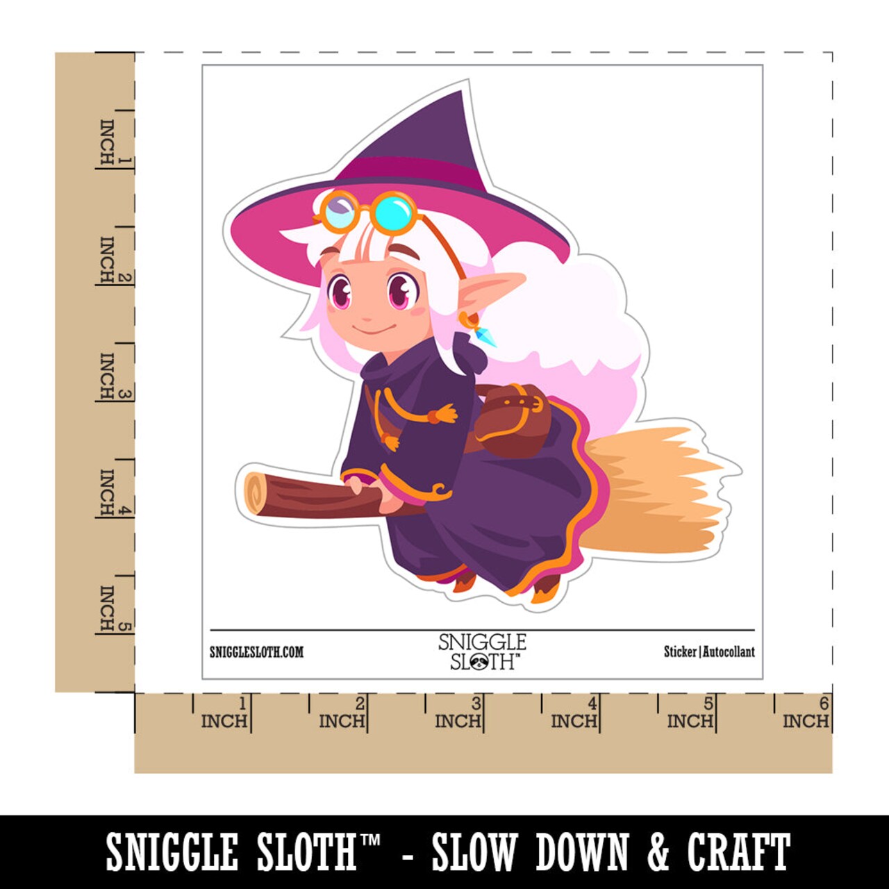 Cute Witch Floating on Broom Waterproof Vinyl Phone Tablet Laptop Water Bottle Sticker Set - 5 Pack